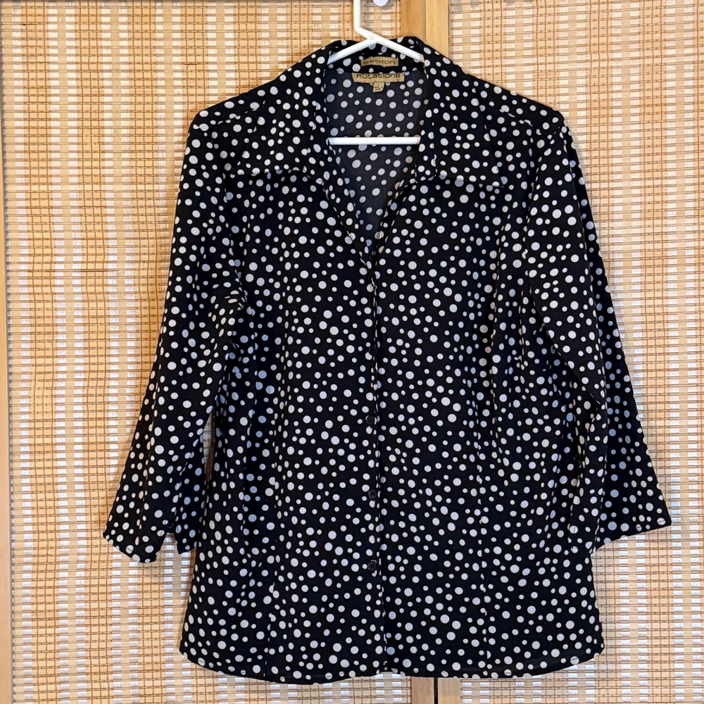 Notations Womens‎ L Top Polka Dot Button Up Black White 3/4 Sleeve Career Office
